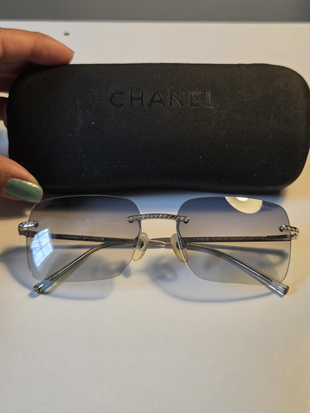 CHANEL Rimless Sunglasses Silver with Blue Gradient Lenses